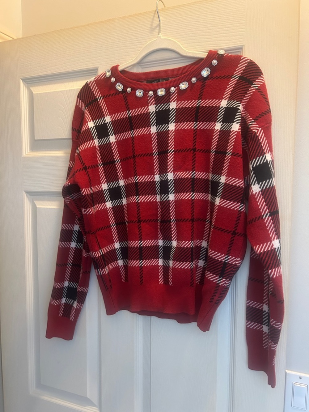 Rachel Zoe Red Plaid Jeweled Crewneck Sweater